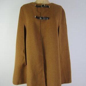 Zara Women Camel Cape Wool Blend Hand Made Faux Leather Buckles Relaxed